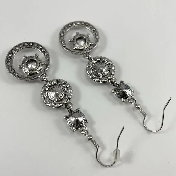 Silver Tone Boho Dangle Earrings White Glass Halo Round Rhinestones Bling - Picture 7 of 7